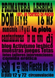 Volante de invitación a la primavera lésbica. Letras negras sobre fondo de color verde, amarillo, naranja, rojo, rosa, violeta, azul y celeste